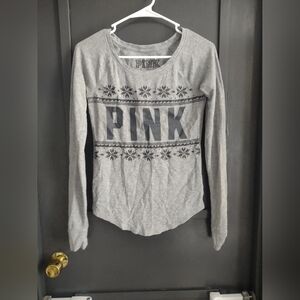 PINK Victoria's Secret Gray Long-Sleeve Fair Isle Logo Tee
